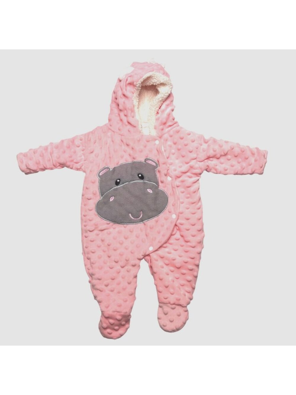 Pink Hippo Hooded Fleece Lined Bunting Suit With Ears & Snap Closure